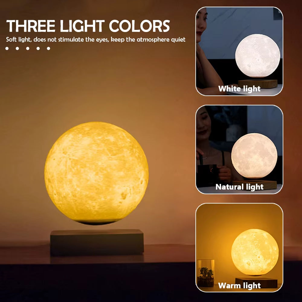 Novelty Levitating Moon Night Light 360° Rotation Magnetic Floating Moon Lamp with 3 Colors for for Home Office Desk Decor